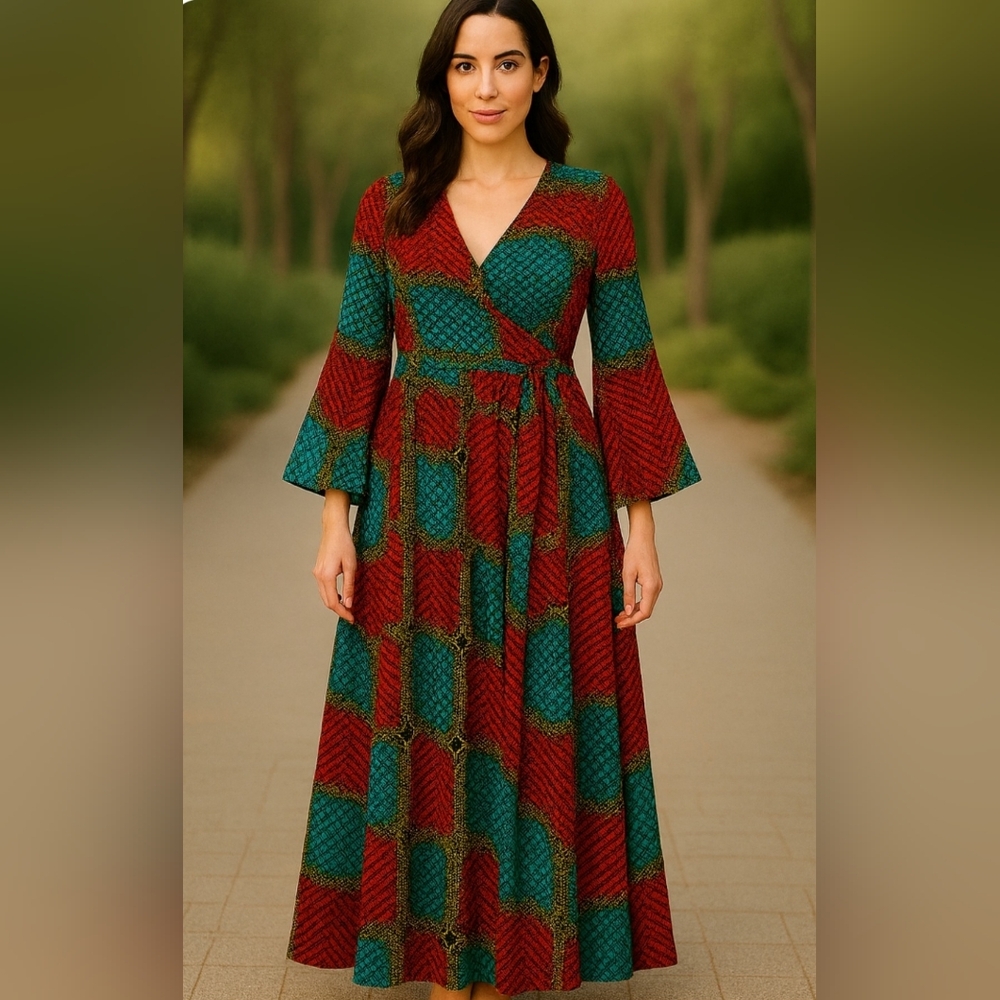 Aje Red and Teal Patterned Maxi Wrap Dress